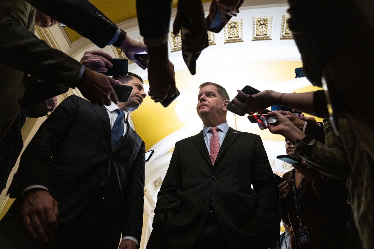 Labor Secretary Marty Walsh speaks to reporters on Capitol Hill in Washington, Dec. 1, 2022. Moving with uncommon speed, senators agreed to take up a House-passed bill that would impose a tentative agreement between rail companies and workers, which would send it to President Joe Biden. (Haiyun Jiang/The New York Times)  (HAIYUN JIANG)