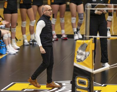 University of Idaho volleyball coach Chris Gonzalez watches his team play during a game in Memorial Gym on Nov. 11 in Moscow, Idaho.  (IAIN CRIMMINS/FOR THE SPOKESMAN-REVIEW)