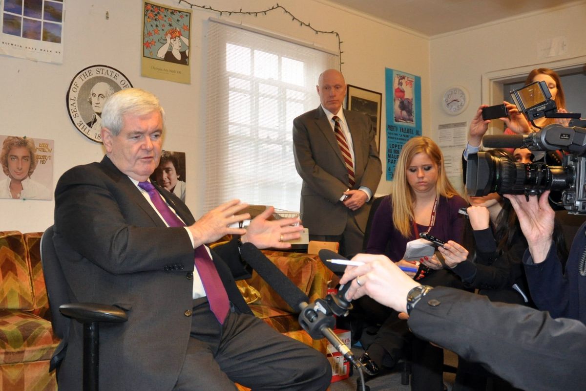 Gingrich in the White House press building answering questions from local reporters. JIM CAMDEN jimc@spokesman.com  (JIM CAMDEN)