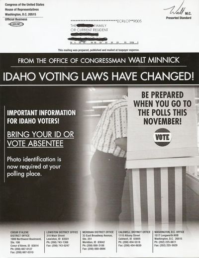 Flier from Rep. Walt Minnick re voting law change in Idaho