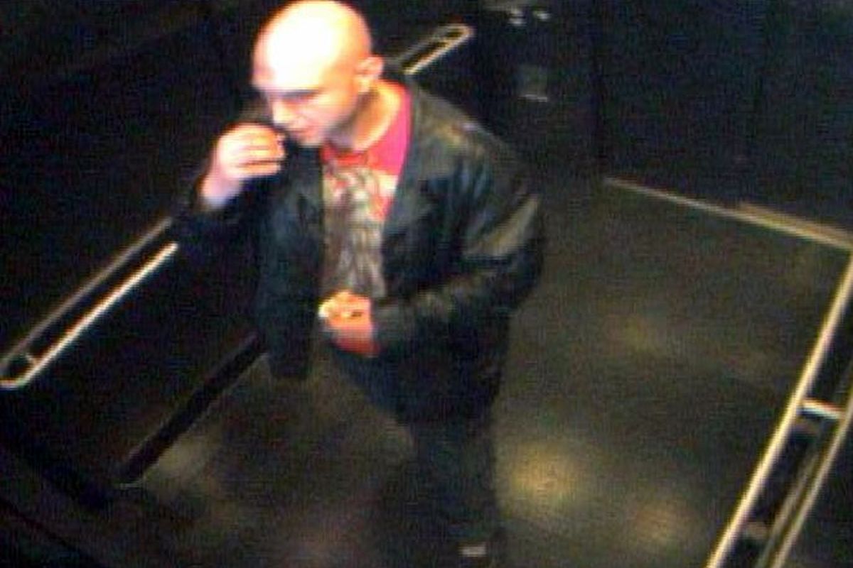 Spokane Police say this man, shown on surveillance cameras at a Fred Meyer location on Feb. 22, 2014, threatened to shoot a witness after he was approached on suspicions of shoplifting. (Spokane Police)