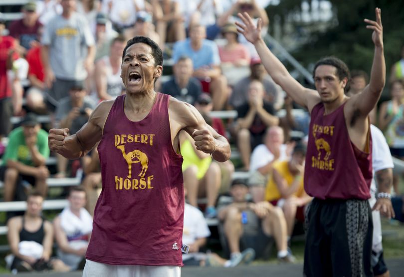 Desert Horse' JR Camel reacts after defeating Charlies Gold during Hoopfest 2015 on Sunday, June 28, 2015, at Nike Center Court  in Spokane, Wash. (Tyler Tjomsland / Spokesman Review)