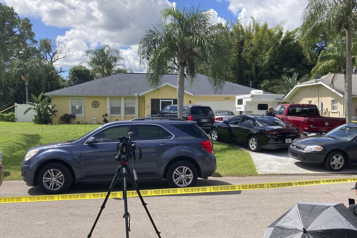 Police tape blocks off the home of Brian Laundrie’s parents in North Port, Fla., Monday, Sept. 20, 2021. Laundrie, 23, was traveling on a cross-country road trip with Gabby Petito, 22, who went missing in August. Petito’s body was apparently discovered over the weekend at Grand Teton National Park. Laundrie is wanted for questioning, but has not been seen for several days.  (Curt Anderson)