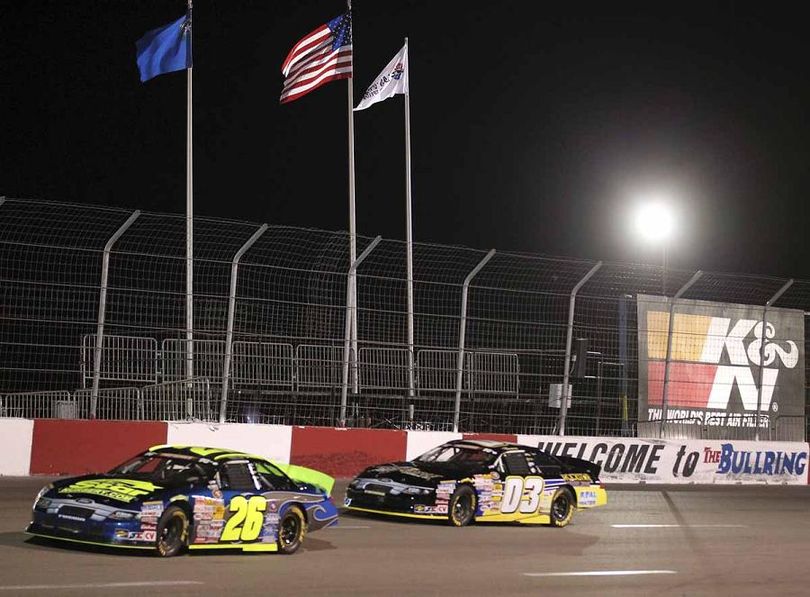 Greg Pursley (No. 26) leads Dylan Kwasniewski (No. 03) in action in the Star Nursery 200. (Photo Credit: Getty Images for NASCAR) (Jeff Bottari / Getty Images North America)