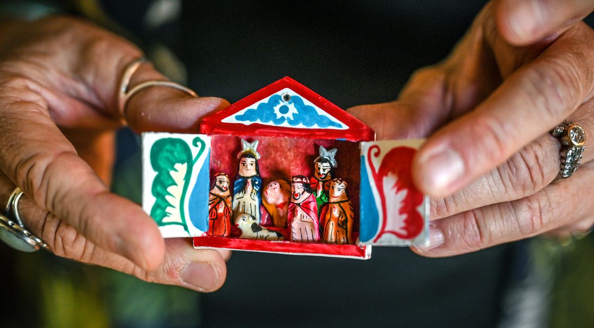 Connie Christilaw has quite an extensive collection of Nativity sets, including this matchbox-sized display. Most are quite small and she started collecting when in the Navy, traveling around the world. She has over 60 Nativity sets from all over the world and showing many different cultural representation and styles.  (Dan Pelle/The Spokesman-Review)