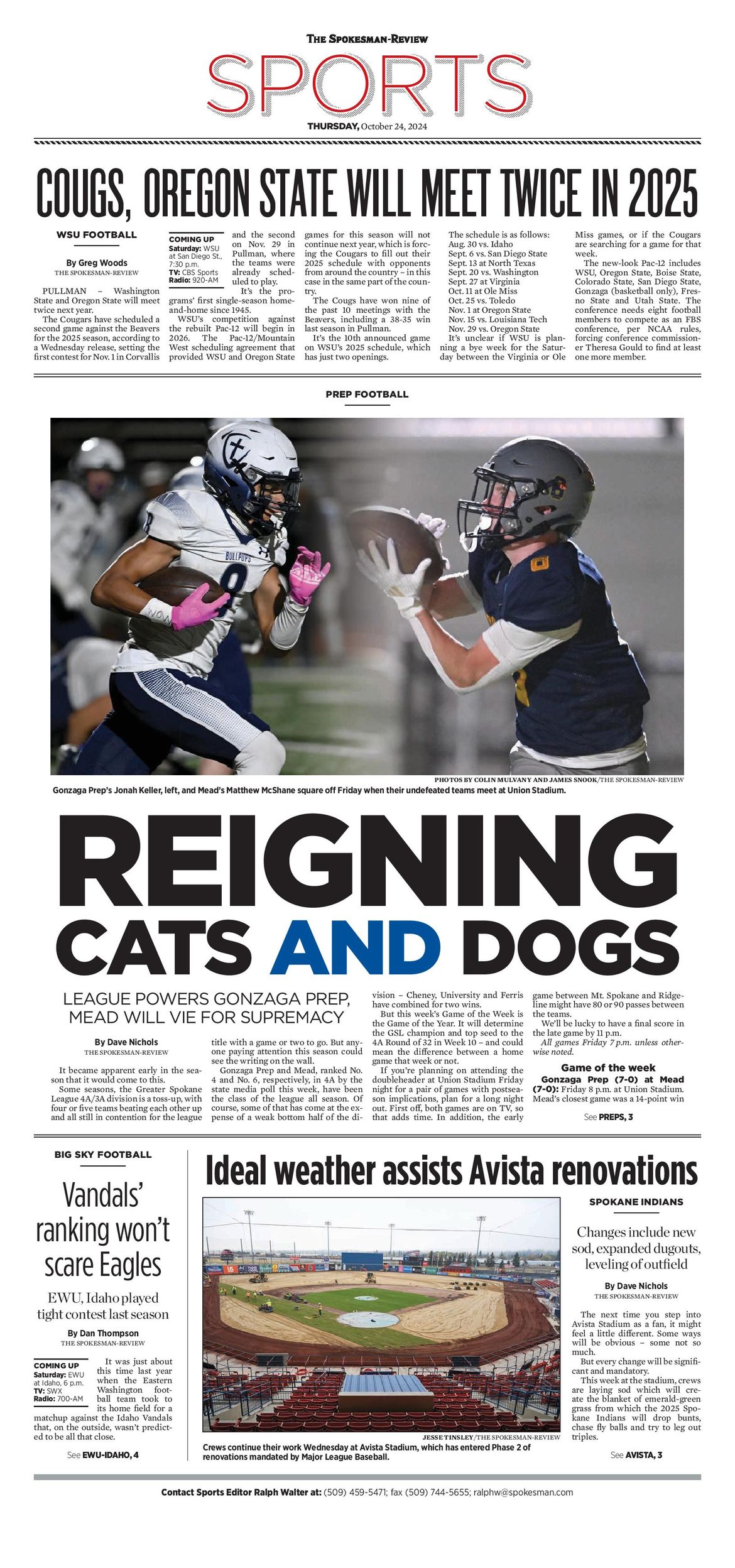 Sports Front Page for Oct. 24, 2024 The SpokesmanReview