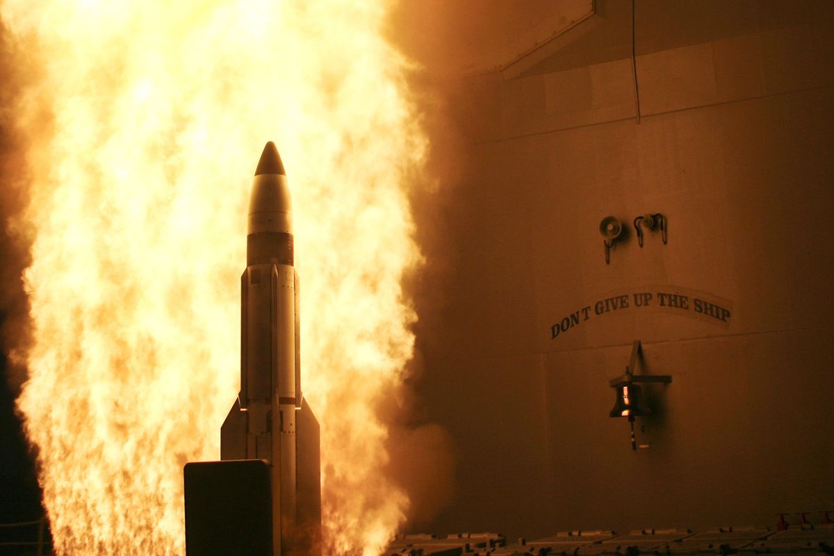 The USS Lake Erie launches a missile at a nonfunctioning National Reconnaissance Office satellite over the Pacific Ocean on Feb. 20, 2008.  (Airman 1st Class Jonathan Olds/U.S. Air Force)