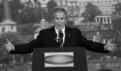 
President Bush gestures during a speech at the Czernin Palace in Prague on Tuesday.  
 (Associated Press / The Spokesman-Review)