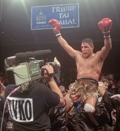 Hector “Macho” Camacho is lifted into the air after beating Roberto Duran in June of 1996. (Associated Press)