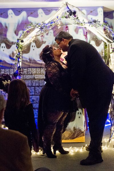 Steve Rodgers kisses his bride Crystal Merrill shortly after they were married Wednesday at the Silver Lake Motel in Coeur d'Alene. The Post Falls couple were married on Halloween dressed as Frankenstein and the Bride of Frankenstein. (Shawn Gust/press)