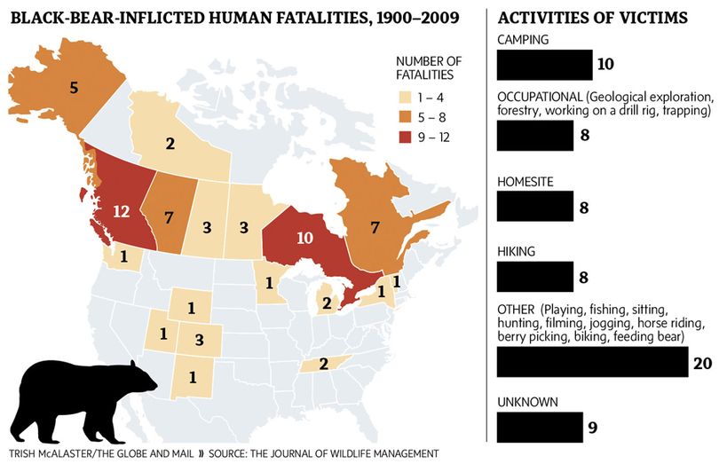Black-bear inflicted human mortalities, 1900-2009, based on a research published in May 2011 in the Journal of Wildlife Management. (Trish McAlaster / The Globe and Mail)