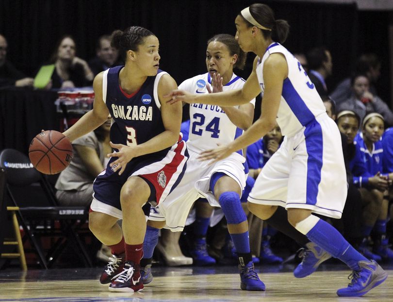 Kentucky point guard Amber Smith (24) and guard Kastine Evans, right, pressure Gonzaga guard Haiden Palmer (3) during the first half of an NCAA women's tournament regional semifinal college basketball game in Kingston, R.I., Sunday, March 25, 2012. (Stew Milne / Fr56276 Ap)