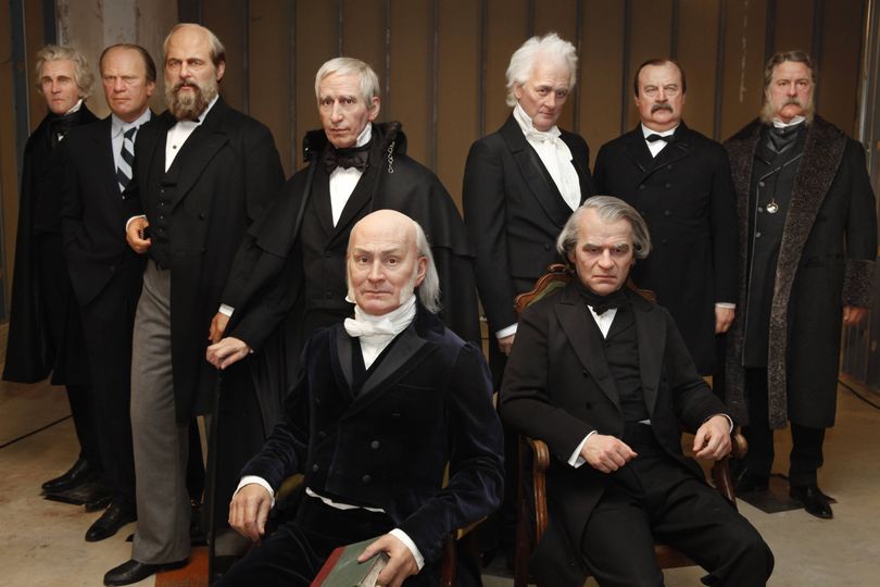 Nine new wax figures of American presidents are seen at Madame Tussauds in Washington, on Tuesday, Feb. 16, 2010. The attraction plans to open a new gallery featuring all 44 American president figures in the fall of 2010. Back row left to right are Andrew Jackson, Gerald Ford, James Garfield, William Henry Harrison, James Buchanan, Grover Cleveland, and Chester Alan Arthur. Front row are John Quincy Adams, left, and Andrew Johnson. (Jacquelyn Martin / Associated Press)