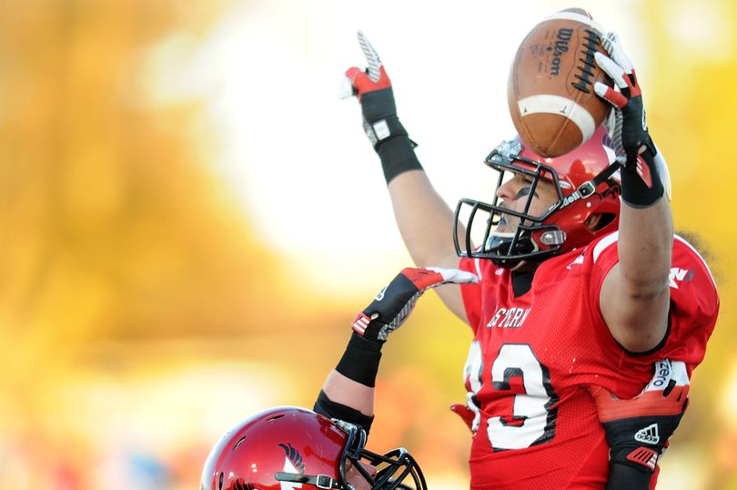 Eastern Washington tight end Cody Humphrey celebrates after scoring a first-half touchdown off a Kyle Padron pass against Illinois State on Saturday. (Tyler Tjomsland)