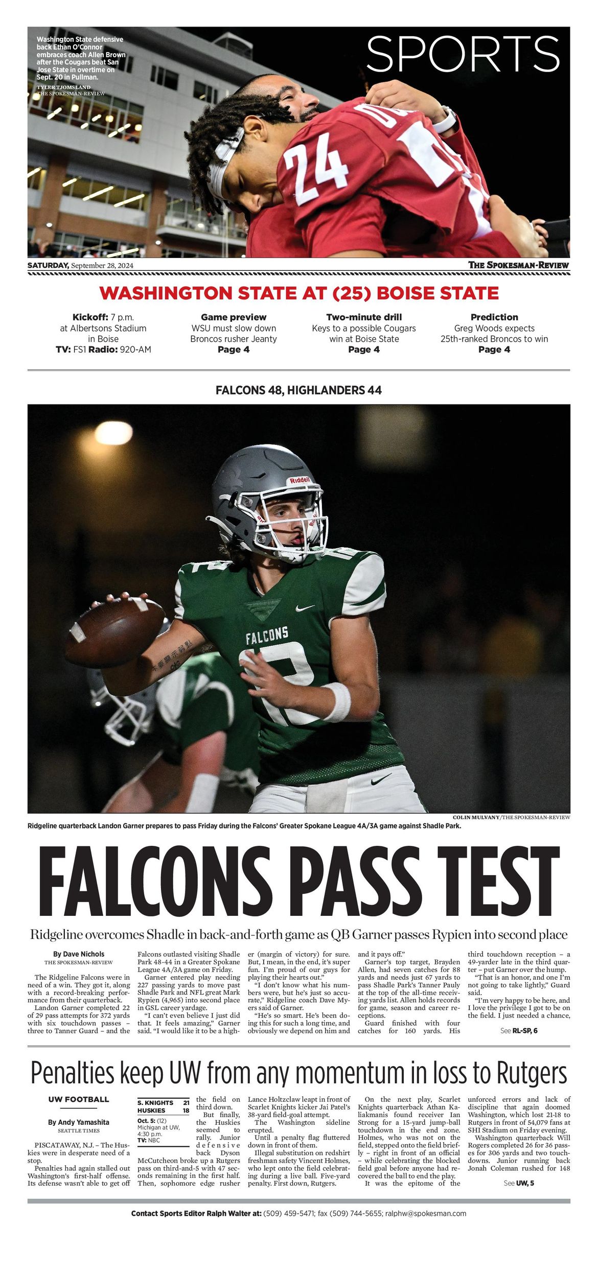 Sports Front Page for Sept. 28, 2024 The SpokesmanReview