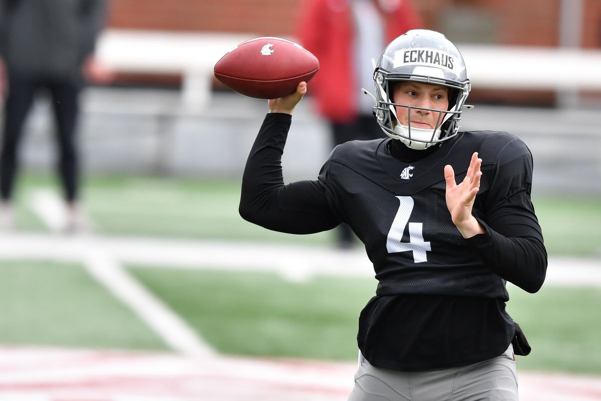 Washington State quarterback Zevi Eckhaus prepares to throw during the Cougars’ first spring scrimmage on April 6 at Gesa Field in Pullman.  (Tyler Tjomsland/The Spokesman-Review)