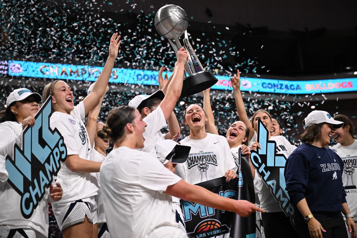 The Gonzaga Bulldogs celebrate winning the WCC Tournament Championship after they defeated the Oregon State Beavers on Tuesday, Mar 10, 2026, at the Orleans Arena in Las Vegas, Nev. The Gonzaga Bulldogs won the game 65-56.  (Tyler Tjomsland/The Spokesman-Review)