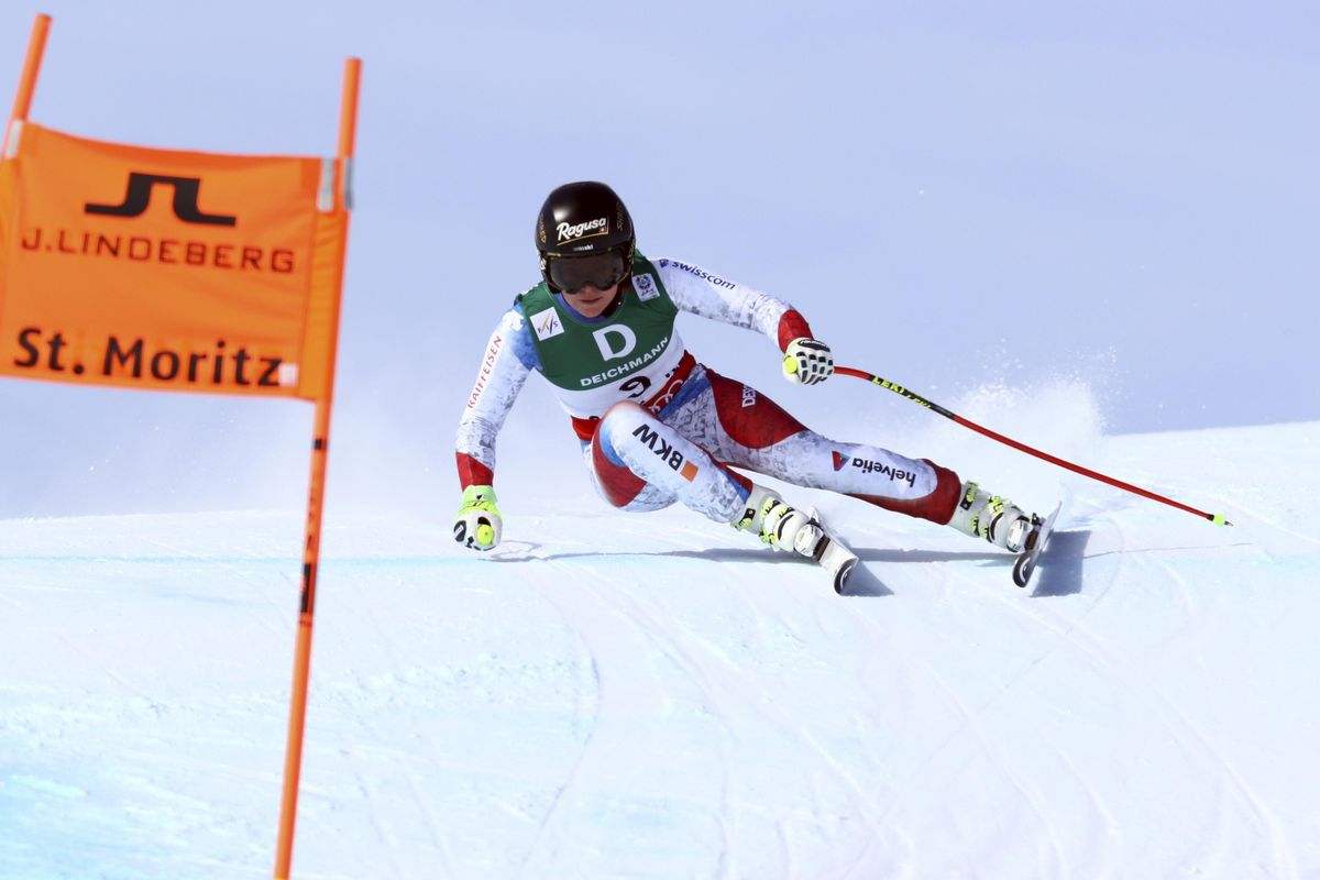 Switzerland’s Lara Gut speeds down the slope during a women’s downhill training at the alpine ski World Championships, in St. Moritz, Switzerland, Thursday, Feb. 9, 2017. (Alessandro Trovati / Associated Press)