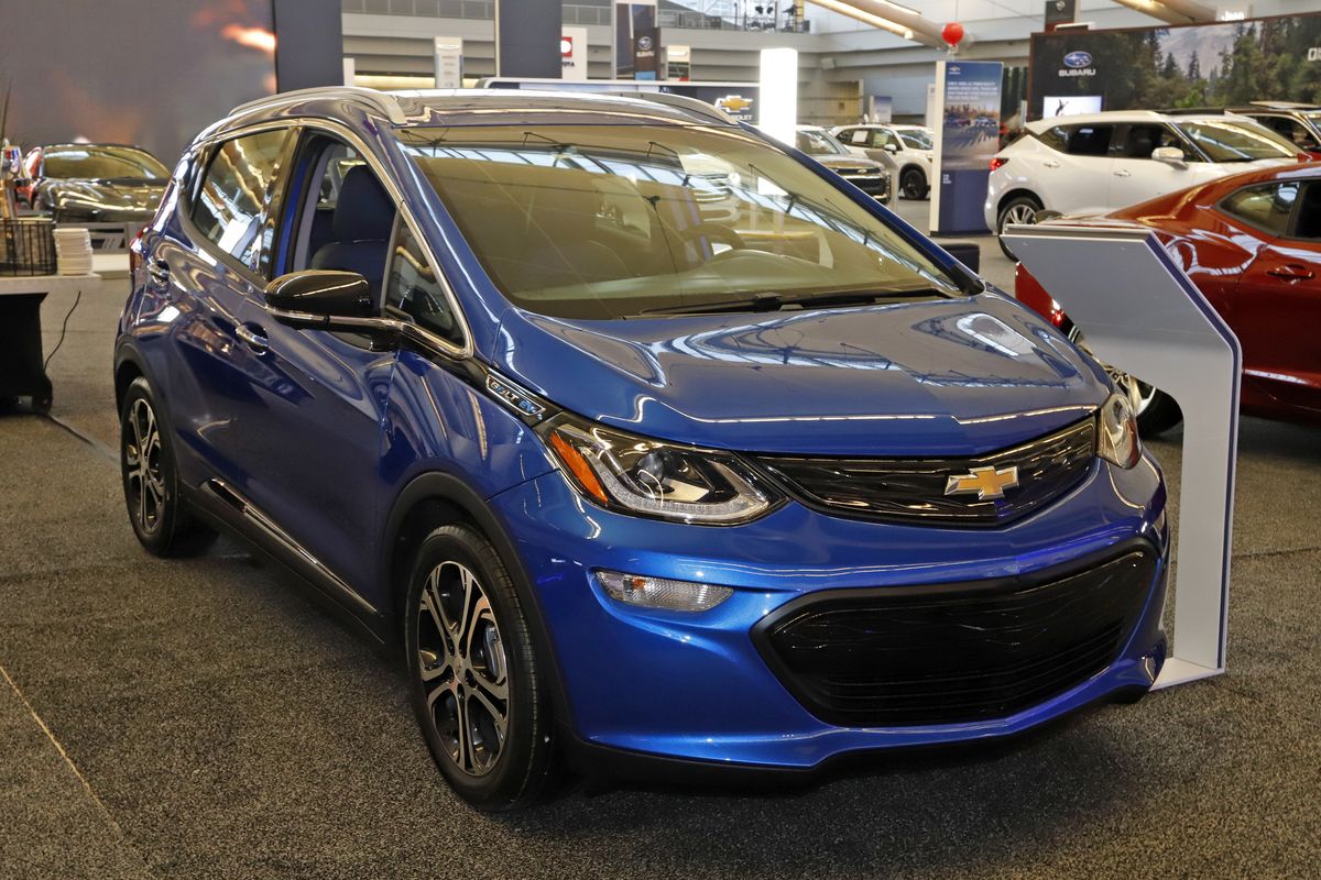 A 2020 Chevrolet Bolt EV is displayed at the 2020 Pittsburgh International Auto Show on Feb. 13 in Pittsburgh. (Associated Press)