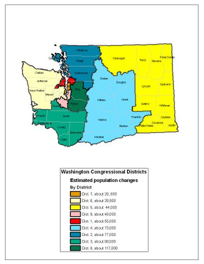 This map shows estimated gains in population in Washington's congressional districts based on the 2005-2009 American Community Survey estimates. (Jim Camden/The Spokesman-Review)