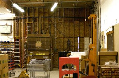 
The back storage room at Barney's Harvest Foods on Dishman-Mica Road in Spokane Valley, Washington is finally patched up after an arson destroyed the back wall. 
 (Liz Kishimoto / The Spokesman-Review)