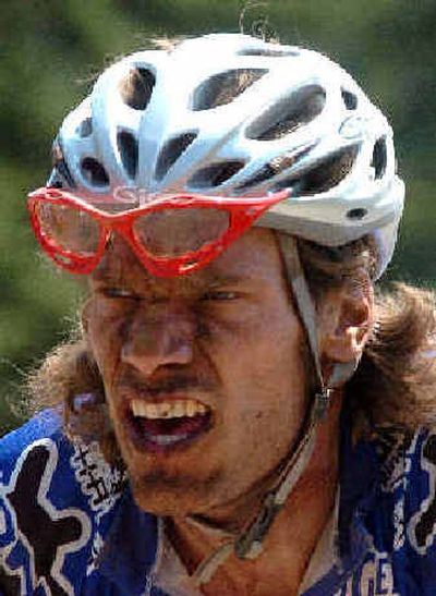 
During the pro men's cross-country race Saturday, Peter Wedge sports a faceful of dust after just one of the three 10-mile laps the men tackled. The pro women rode two of the mountain course loops during their race at the NORBA nationals. 
 (Jesse Tinsley / The Spokesman-Review)