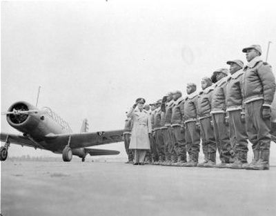 
Major James A. Ellison, left, returns the salute of Mac Ross of Dayton, Ohio, as he inspects the cadets  in this Jan. 23, 1942, file photo at the Tuskegee Institute in Tuskegee, Ala. 
 (File Associated Press / The Spokesman-Review)