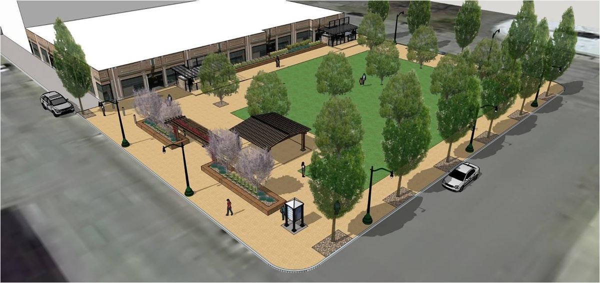 Rendering of the green space that will be installed above a stormwater tank at the corner of Adams Street and First Avenue in west downtown Spokane. (Landscape Architecture)