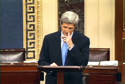 
This image from video  shows Sen. John Kerry, D-Mass.,  in a speech Wednesday about U.S. policy in Iraq  that closed with Kerry, the Democrats' losing presidential candidate in 2004,  saying he will not run  again in 2008. 
 (Associated Press / The Spokesman-Review)