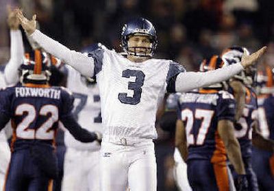 
Seattle Seahawks' Josh Brown celebrates after kicking the winning field goal with only seconds remaining. 
 (Associated Press / The Spokesman-Review)