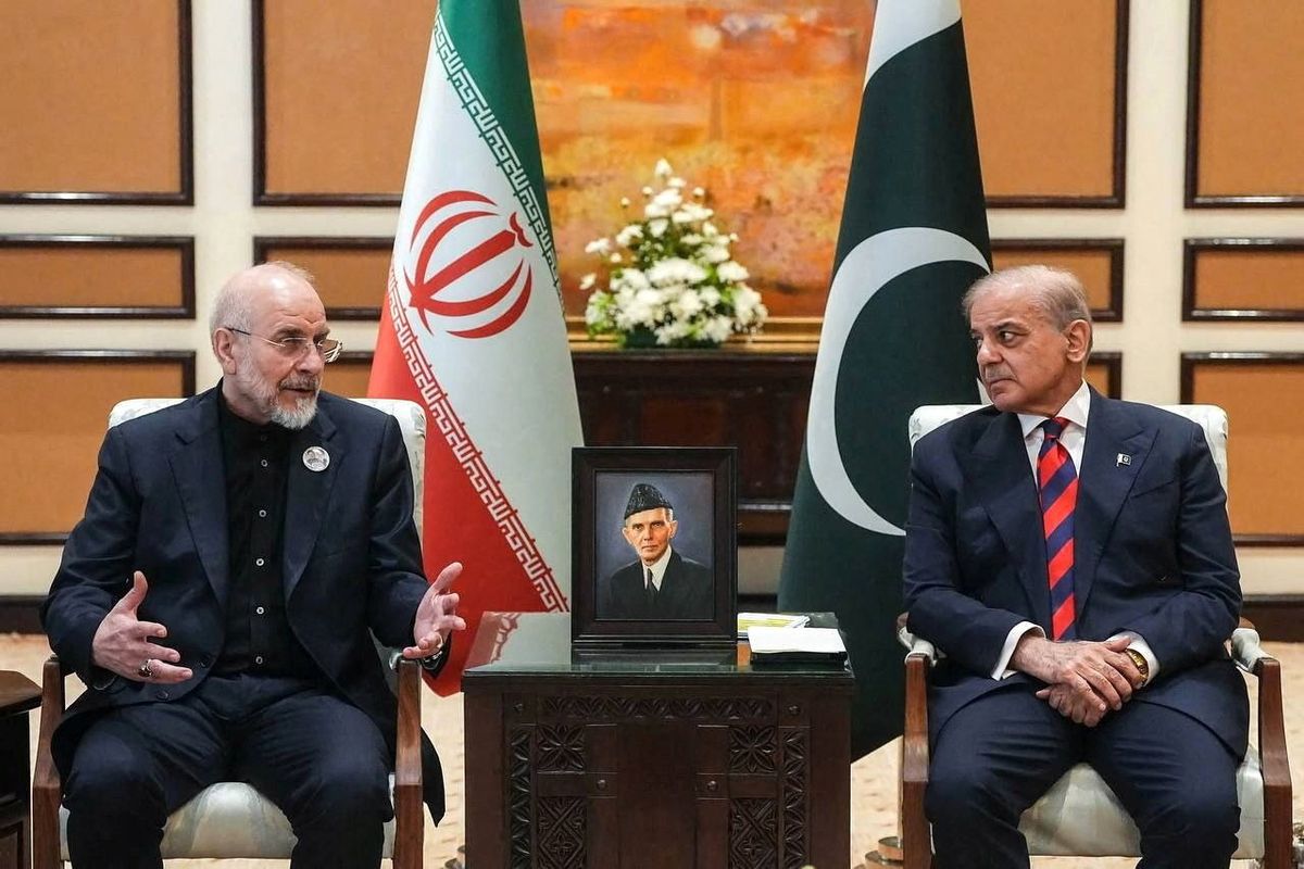 Pakistan’s Prime Minister Shehbaz Sharif meets with Iranian Parliament Speaker Mohammad Bagher Ghalibaf, as delegations from the United States and Iran held peace talks on Saturday in Islamabad, Pakistan.  (Office of the Iranian Parliament)