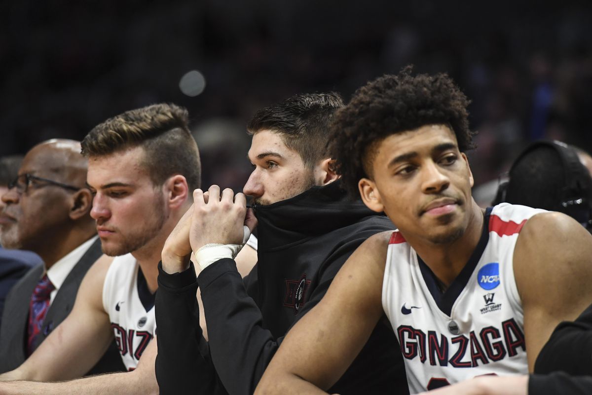 Gonzaga forward Killian Tillie watches the game from the bench against Florida State, in the Sweet 16 game, Thursday, March 22, 2018, at the Staples Center in Los Angeles. (Dan Pelle / The Spokesman-Review)