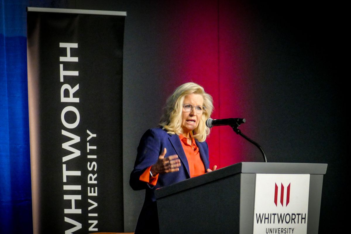 Former U.S. Rep. Liz Cheney addresses a gathering Wednesday at the Spokane Convention Center.  (Jesse Tinsley/THE SPOKESMAN-REVIEW)