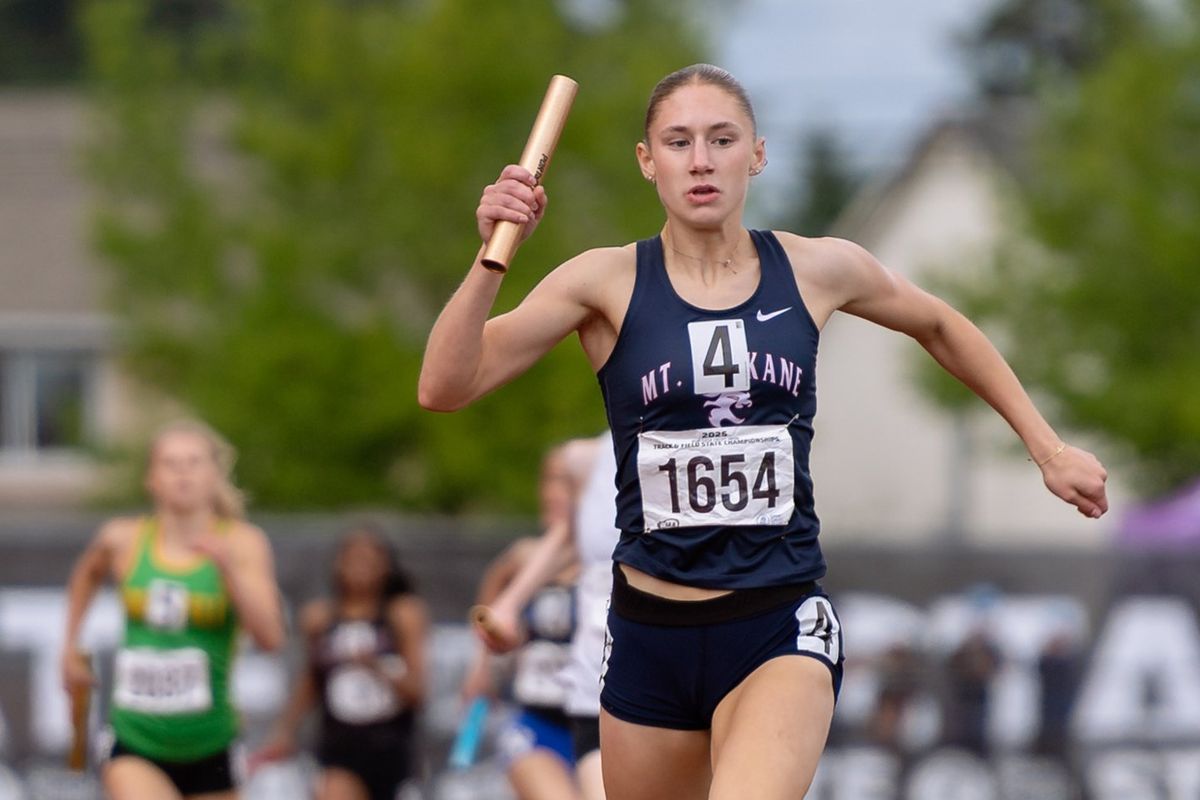 Mount Spokane’s Laine Gardner crosses the finish line in a meet-record 3 minutes, 50.27 seconds in the 3A girls 4x400 relay on Saturday, May 31, at the 2A/3A/4A State Track and Field Championships at Mount Tahoma High School in Tacoma, Wash. (Joshua Hart/The Spokesman-Review)