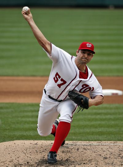 Washington Nationals starting pitcher Tanner Roark throws during the fifth inning against the Minnesota Twins. (Alex Brandon / Associated Press)