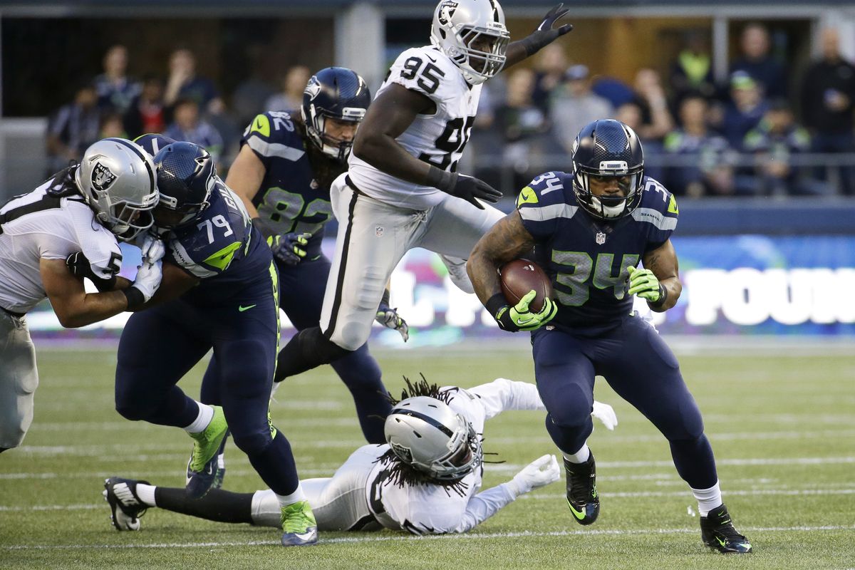 Seahawks rookie RB Thomas Rawls rushed 11 times for 87 yards and a touchdown Thursday. (Associated Press)