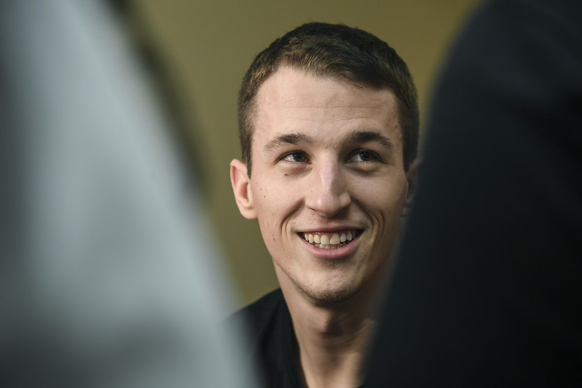 Ohio State guard Andrew Dakich answers media questions in the locker room Friday  at  Taco Bell Arena. (Dan Pelle / The Spokesman-Review)