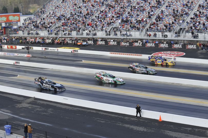 Four-wide drag racing action in the final round at zMAX Dragway in Charlotte, NC. (Photo courtesy of NHRA)