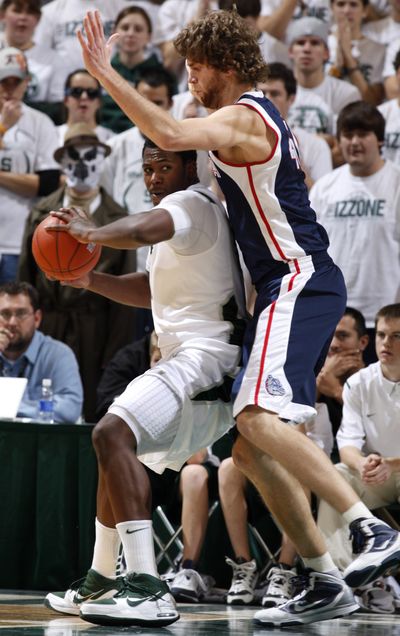 Gonzaga’s Will Foster loomed over Michigan State’s Derrick Nix during a mid-November game in East Lansing.  (Associated Press)
