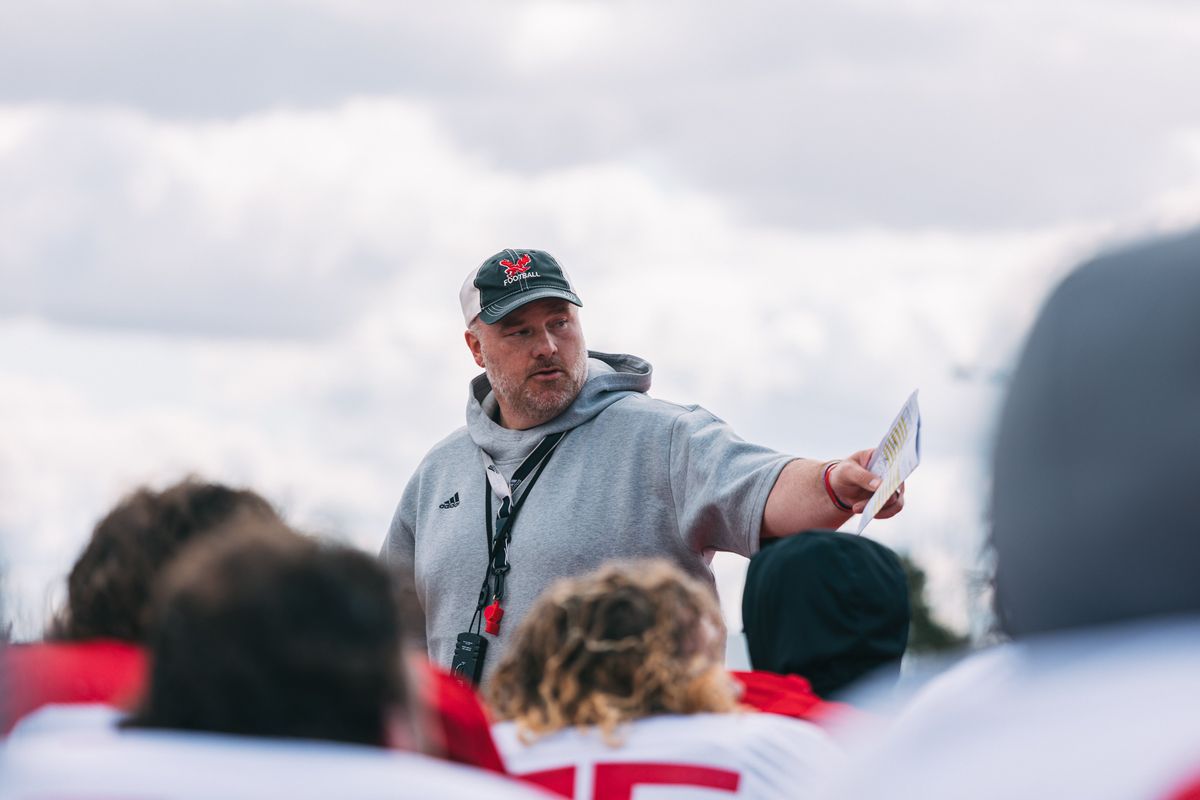 Eastern Washington coach Aaron Best speaks after a scrimmage on Saturday at Roos Field in Cheney.  (Courtesy EWU Athletics)