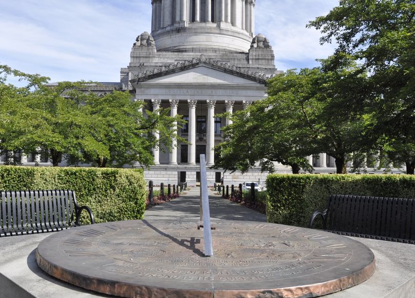 OLYMPIA -- The Capitol Campus sundial is headed for the repair shop to repair its face, level its base and repair its gnomon. (Jim Camden/The Spokesman-Review)
