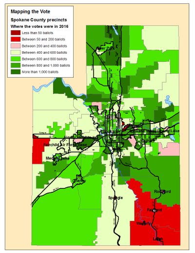 This is a map of the vote patterns in Spokane County in the 2016 general election. (Jim Camden/The Spokesman-Review)