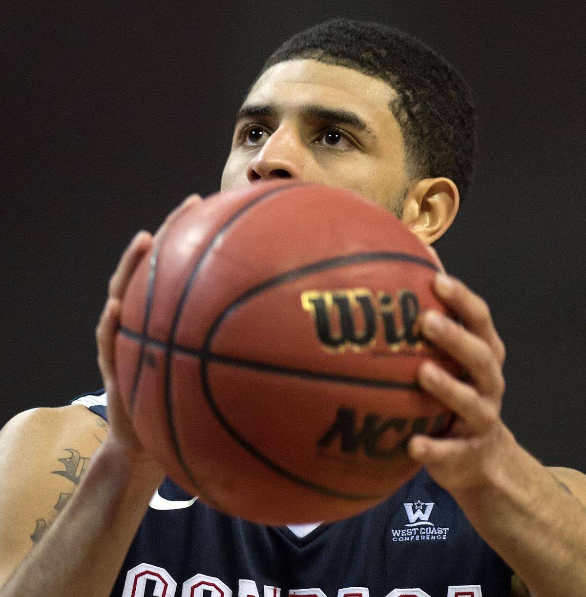 Gonzaga guard Josh Perkins  takes a free throw during the second half of a West Coast Conference tournament championship final college basketball game, Tues., March 8, 2016, at the Orleans Arena in Las Vegas. (Colin Mulvany / The Spokesman-Review)