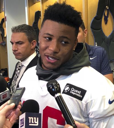 New York Giants NFL football running back Saquon Barkley speaks to reporters in East Rutherford, N.J., Tuersday, Oct. 9, 2018. (Tom Canavan / Associated Press)