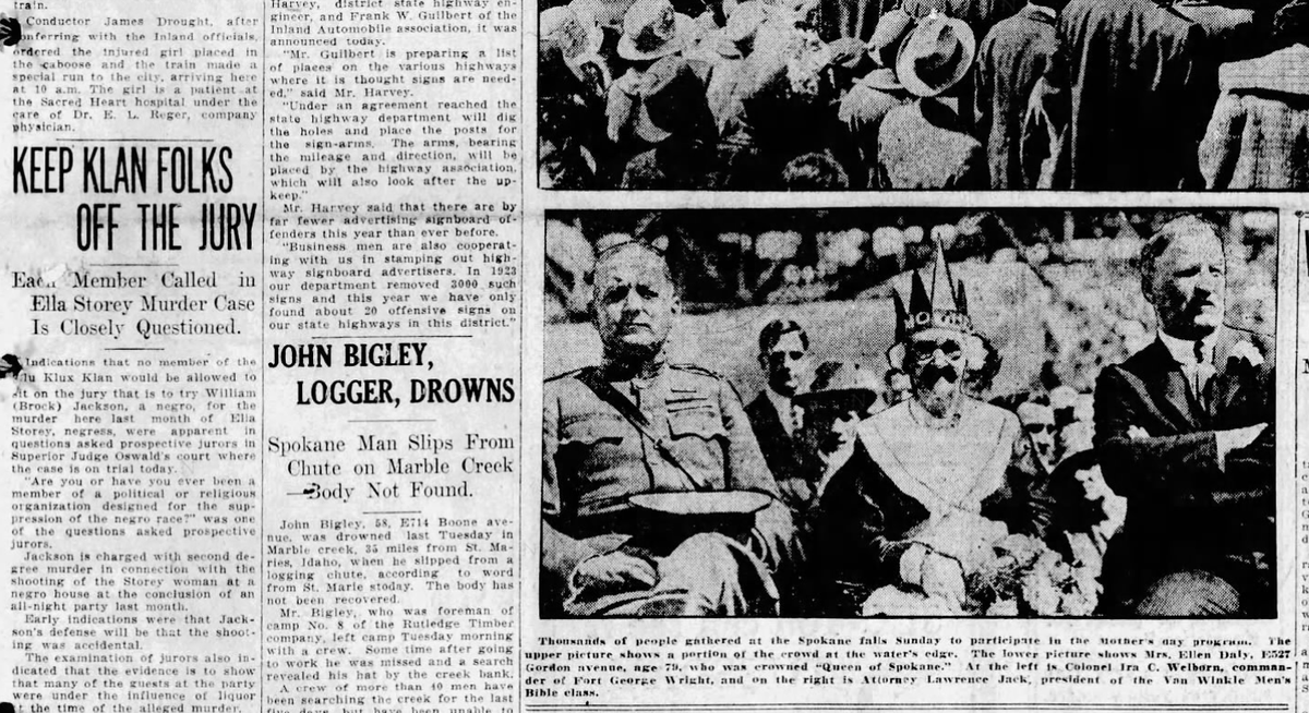 Ellen Daly, 89, a mother, grandmother, and great-grandmother, was chosen as “the crowned queen of the day” at an event along the Spokane River, the Spokane Daily Chronicle reported on May 11, 1925. And attorney Joe Albi was representing a Black man accused of killing his wife. The Chronicle reported that Albi questioned the jury to ensure that none of the jurors were members of the Ku Klux Klan.  (Spokesman-Review archives)