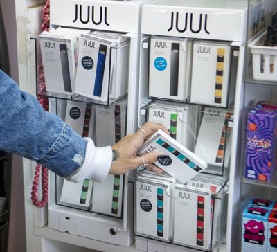The small display of JUUL vaping pens at Spokane Cigar are testament to the popularity of the pocket-sized vaping pen because the easily-concealed and carried pen are hard to keep in stock and restock around Spokane, shown Wednesday, March 7, 2018. (Jesse Tinsley / The Spokesman-Review)