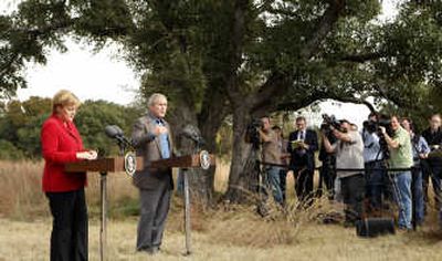 
President Bush and German Chancellor Angela Merkel hold a press conference Saturday at Bush's ranch in Crawford, Texas. Associated Press
 (Associated Press / The Spokesman-Review)
