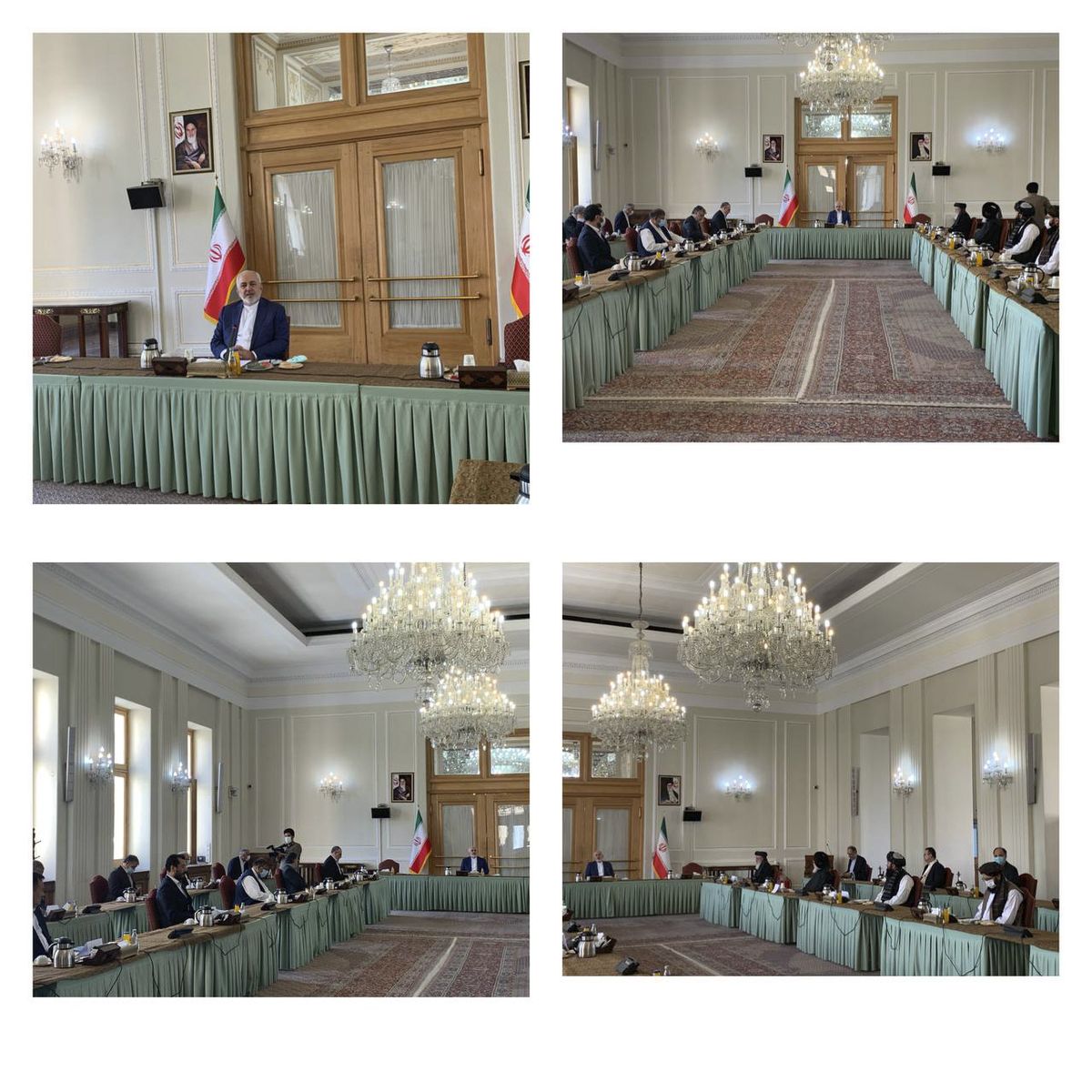 This combinations of photos released by the Iranian Foreign Ministry, shows a meeting between two delegations from Taliban and government of Afghanistan hosting by Iranian Foreign Minister Mohammad Javad Zarif, in Tehran, Iran, Wednesday, July 7, 2021. Iran on Wednesday hosted the first significant talks in months between Taliban and Afghan government representatives, a surprise meeting that comes as the U.S. completes its withdrawal from Afghanistan and districts fall to the Taliban across the country.  (HOGP)