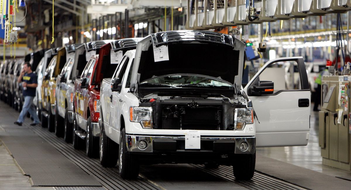 Ford F-150 trucks are ready to leave the assembly line at the Dearborn plant. (Carlos Osorio / The Spokesman-Review)