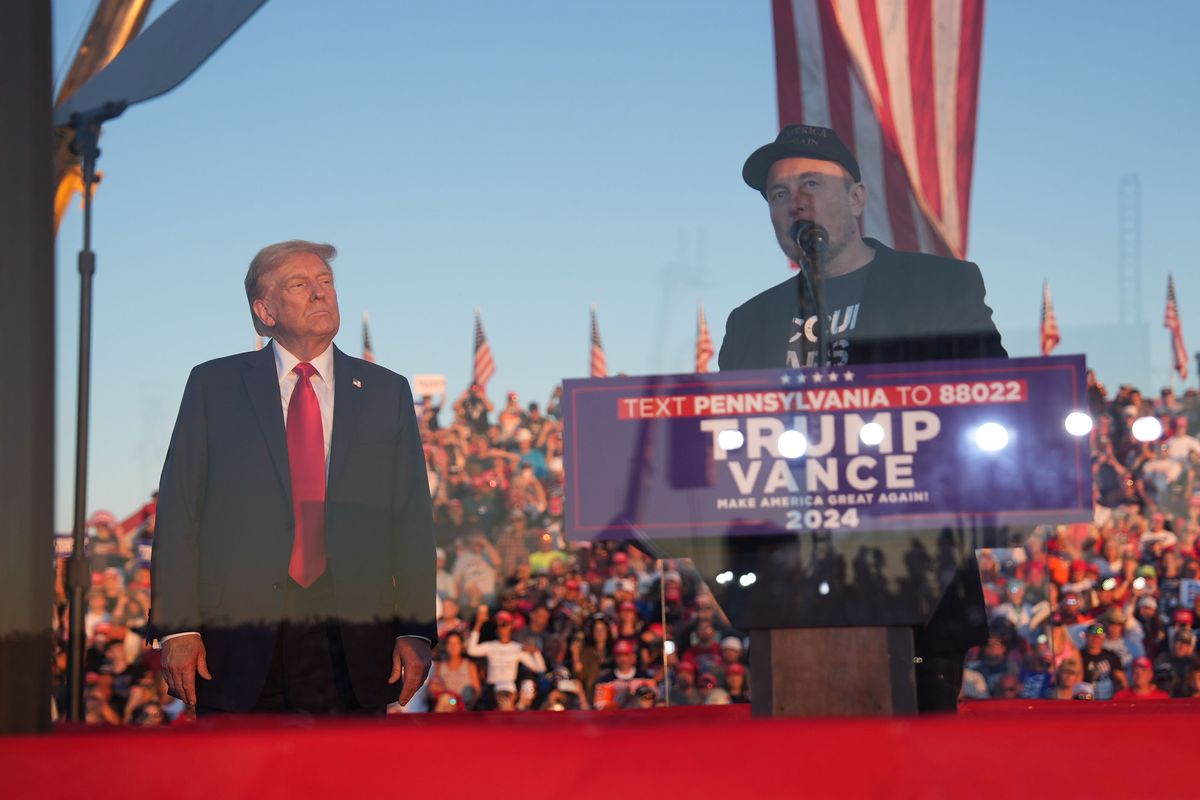 Elon Musk speaks at a campaign event with former president Donald Trump in Butler, Pa., on Oct. 5, marking Trump's return to Butler after the assassination attempt against him in July.   (Jabin Botsford/The Washington Post)